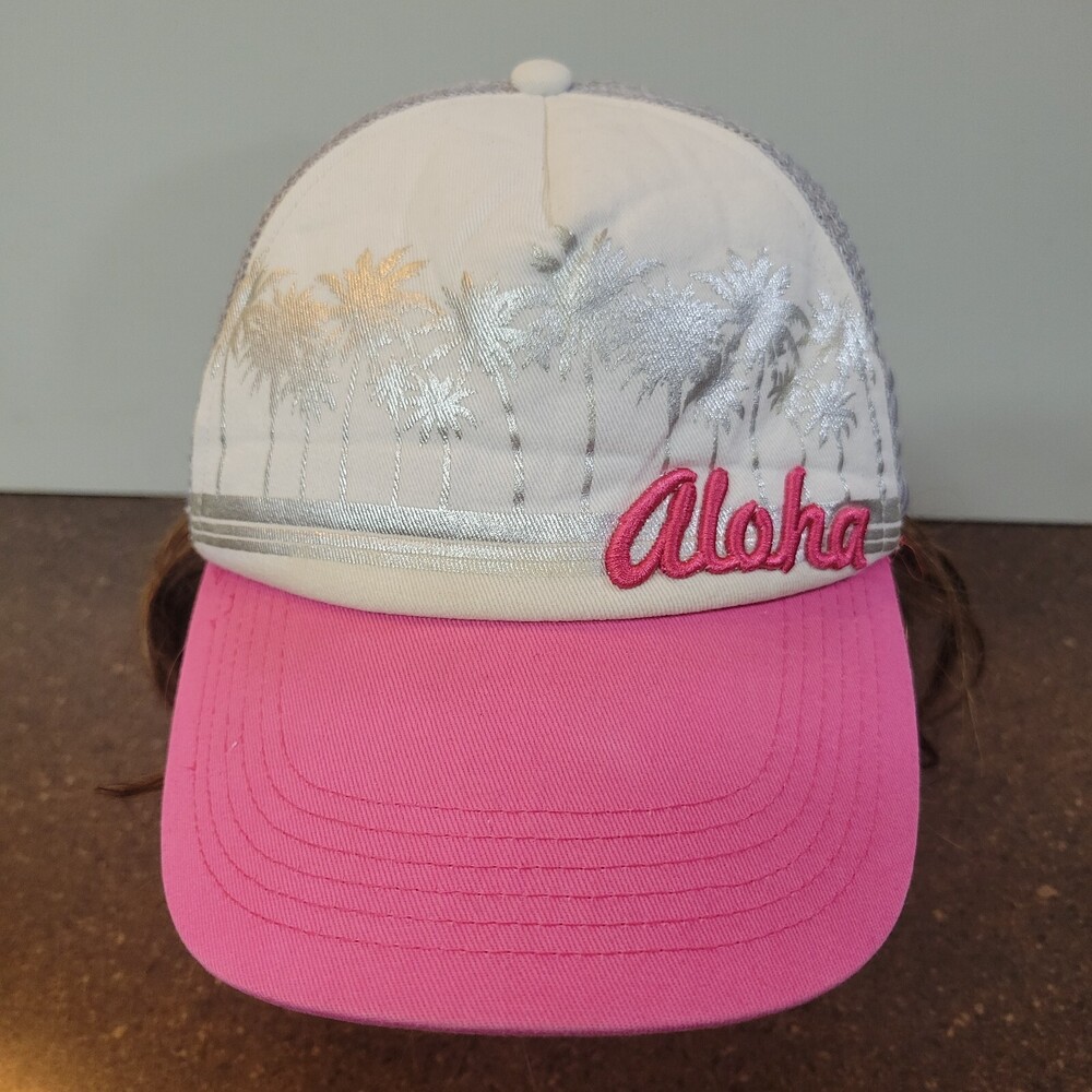 Island Caps Trucker Womens One Size Pink Gray Palm Trees Mesh Back Snapback Cap
